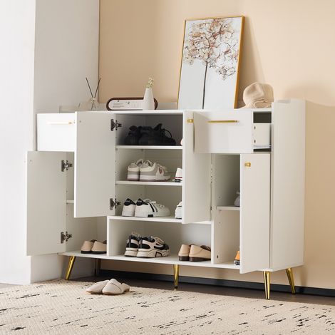 Zapatero de aglomerado blanco con 4 puertas, 2 cajones y hueco abierto, 130 x 37 x 100 cm