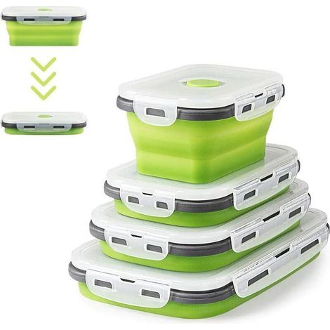 4er-Set faltbare Silikon-Lunchboxen, faltbare Silikon-Lebensmittelbehälter, Bento-Boxen, Aufbewahrungsboxen für Lebensmittel (Grün o2) - Crezuo