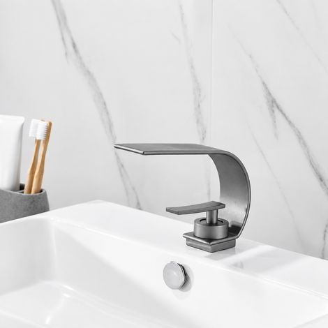Mitigeur Lavabo Cascade Grand Col Courbé Gris Pistolet avec Flexibles Inclus Salle de Bain 25 × 19 × 7 cm – Livraison gratuite