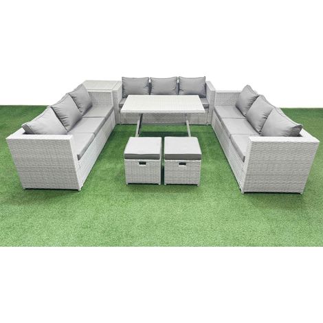 Fimous 11 Seat Outdoor Patio PE Rattan Garden Furniture with Cushions 3 Seater Sofa Side Table 2 Small Stools Light Grey (1/4)
