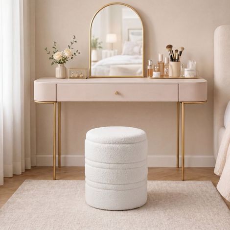 Pouf coffre rond 36,5x46,5 cm en polyester blanc, avec rangement pour salon FloraGrace (1/5)