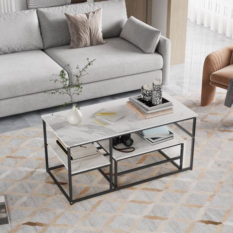 Mesa de centro rectangular - 105 x 52 x 48 cm - Tablero de mármol - Diseño moderno y doble espacio de almacenamiento - Blanco y patas negras (1/5)