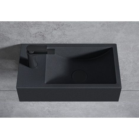 BERNSTEIN - Vasque murale suspendue design 44x22x10cm en fonte minérale - Avec bonde et cache, Rangement gauche, Sans console, Quartz noir (1/4)