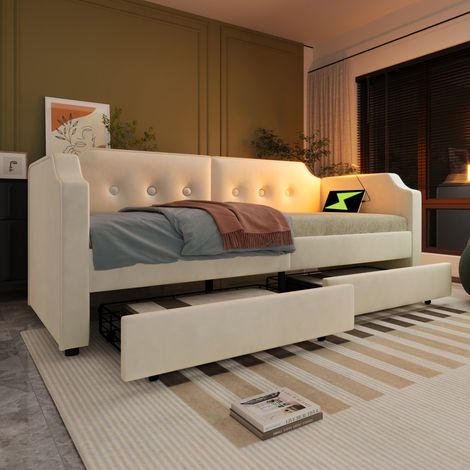 Cama con cajones 90x200 cm luz USB-C 2 cajones almacenamiento madera terciopelo beige (Sin Colchón) (1/5)