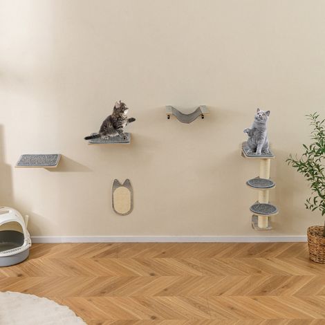 Arbre à Chat Mural Meubles avec 4 Niveaux Hamac Planche à Griffer & Tapis 2 Plateformes de Saut Arbre à Grimper Économiseur d'Espace Gris (1/3)