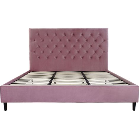 Lit adulte capitonné en bois et métal coloris rose - Longueur 187 x profondeur 210 x hauteur 137 cm -PEGANE- (1/5)
