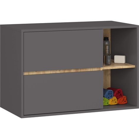 Meuble salle de bains VAMI suspendu sans vasque Gris Graphite et Chêne Artisan 90 cm 2 tiroirs 2 étagères 90x45,5x60 cm (1/5)