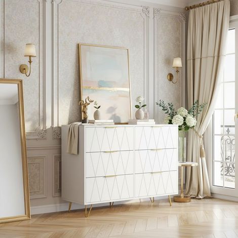 Comò 6 cassetti bianco 100 x 34 x 72 cm – legno e metallo, anti-ribaltamento, piedi metallici