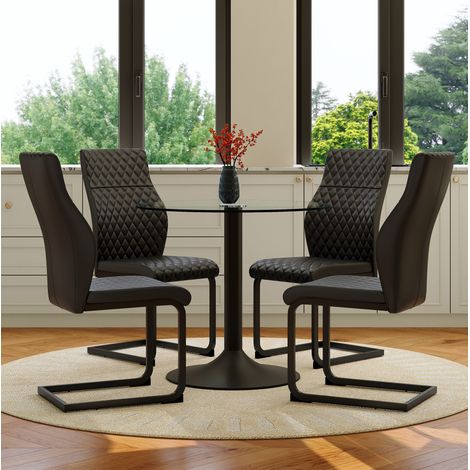 Runder Tisch- und Stuhl-Set 85 cm aus gehärtetem Glas, 4 schwarze PU-Stühle (1/5)
