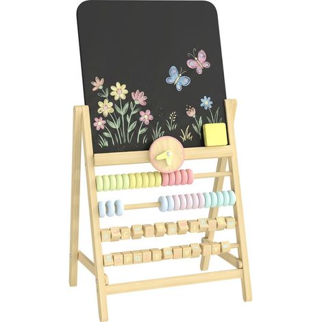 Chevalet en bois pour enfants avec tableau noir double face, horloge, boulier et gomme, pour les enfants de 2 ans et plus, couleur naturelle (1/5)