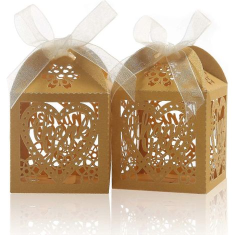 Boîtes découpées au laser, 100 pièces, boîtes cadeaux de remerciement, boîtes cadeaux de mariage, boîtes à bonbons de qualité supérieure (dorées, 100 pièces) (1/5)