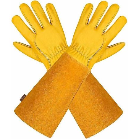 (jaune, L) Gants De Jardinage En Cuir Respirant Pour Hommes Et Femmes Avec Gants Anti-crevaison, Longues Manchettes En Cuir De Vache Pour Jardinie (1/5)