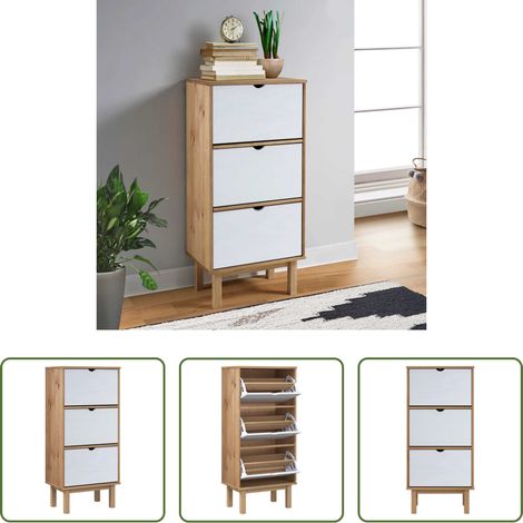 Schuhschrank Kiefer -  Schuhschrank OTTA mit 3 Schubladen Braun&Weiß Massivholz Kiefer (1/5)