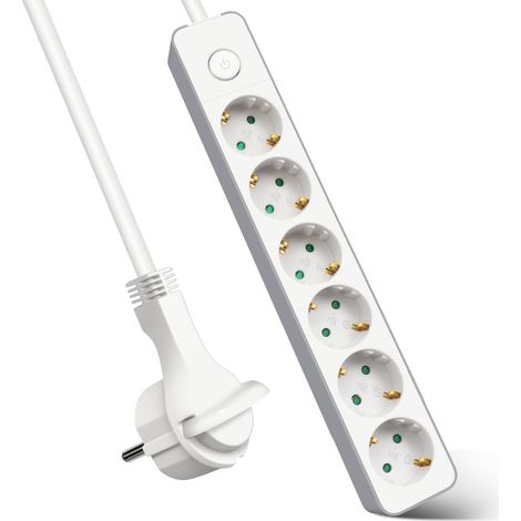 Multiprise avec 6 prises, rallonge prise avec interrupteur, 5 m, pour la maison, le bureau et les voyages, 3680 W, 3 G x 1,5 mm², blanc, 1 pièce (1/5)
