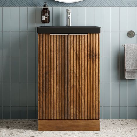 Fluted 500mm Bathroom Vanity Unit Basin Floorstanding Cupboard Soft Close Walnut (1/5)