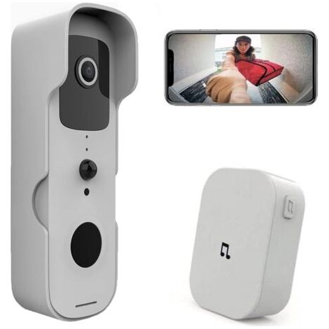 Sonnette sans Fil avec Camera 1080P Extérieure Étanche Sonnette Connectée WiFi Visiophone avec Carillon Batterie Rechargeable Audio Bidirectionnel Vision Nocturne Détection de Mouvement Blanc