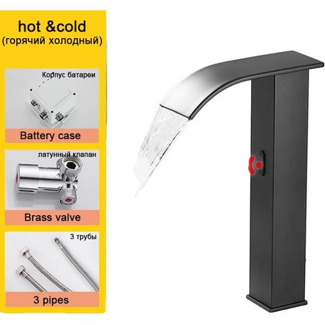 Grifo de lavabo tipo cascada con sensor inteligente negro, mezclador de agua fría y caliente, diseño contemporáneo. (1/2)