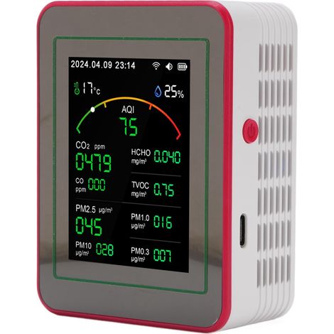 Testeur de qualité de l'air 15 en 1, écran HD 2.8 pouces, CO2 TVOC HCHO PM2.5, minuterie de température et d'humidité, détecteur WIFI blanc + rouge (1/5)