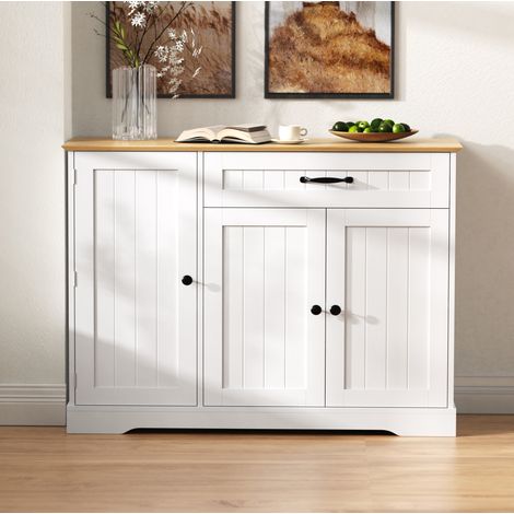 Aparador moderno con 3 puertas y 1 cajón, estantes ajustables, MDF blanco y natural (1/5)