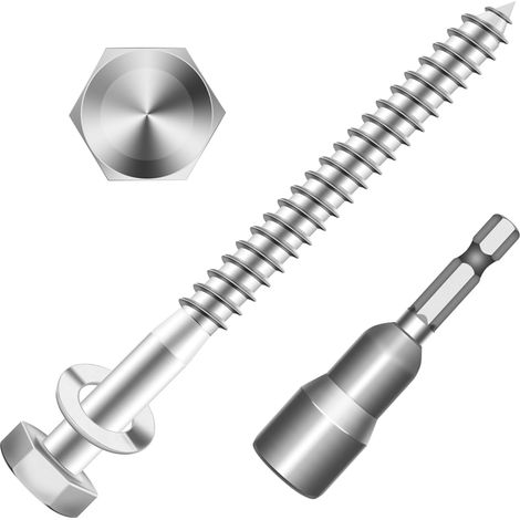 Lot de 10 vis à bois hexagonales M6 x 100 avec rondelles, vis à tête hexagonale, vis à tête hexagonale extérieure, en acier inoxydable A2 V2A - DIN571, vis de traction (1/5)
