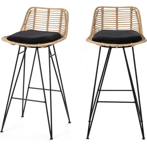 Drawer – Lot de 2 tabourets de bar en rotin tressé H67cm – Assise amovible et lavable – Piétement métal design contemporain – Pour cuisine et coin repas