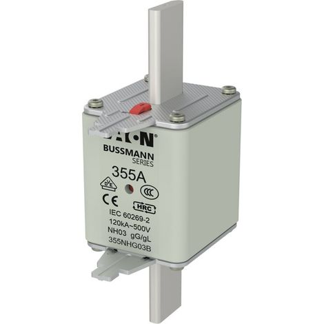 Inserto fusibile Eaton, Bassa tensione, 355 A, CA 500 V, 120 kA, NH03, gL/gG, IEC, Doppio contrassegno, Linguetta di presa sotto tensione, 355NHG03B