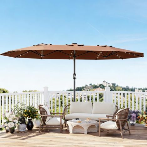 Parasol Rectangulaire XXL 4,5x2,7 m avec 36 LED Solaires, Manivelle, Toile Anti-UV 50+ et Socle Inclus, pour Terrasse, Jardin et Piscine