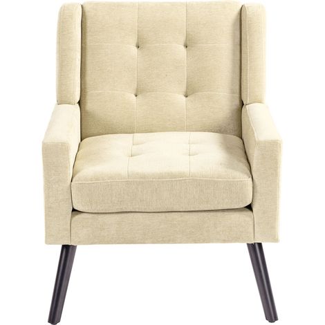 Fauteuil - 1 Place - Confort Moelleux - Lin - Coussins Inclus & Capitonné & Cadre Bois - 68 x 76 x 88 cm - Style Mid-Century - Beige (1/5)