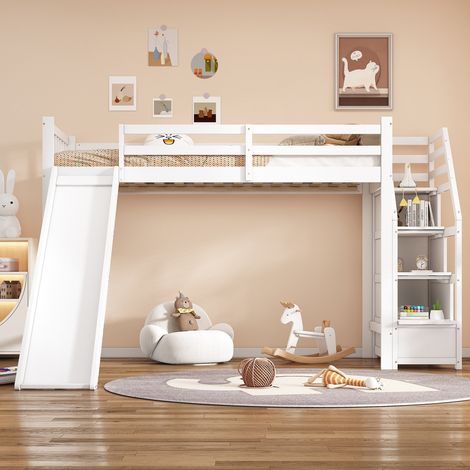Letto soppalcato 90x200 cm, con scivolo, scala con cassetti, letto soppalcato bambino, rete a doghe, certificato EN747, stile moderno, Bianco (1/5)