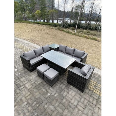 Fimous 9 Seater PE Rattan Corner Sofa Set Rising Adjustable Dining Table Set High Side Coffee Table With Arm Chair Stools (1/5)
