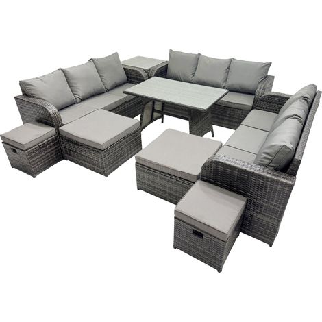 Fimous Garden Rattan Outdoor Furniture Set 13 Seater with 3 Seater Sofa 4 Stools Side Table Dark Grey (1/5)