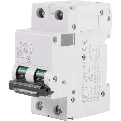 Disjoncteur CC, 250V 2P Disjoncteur miniature d'air à basse tension Commutateur d'énergie solaire, Interrupteur d'énergie solaire utilisé pour le système de réseau de panneaux solaires(32A) (1/5)
