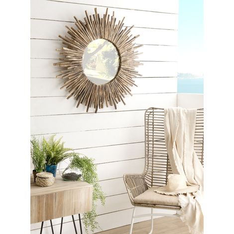 CLARA - Miroir rond marron 90x90cm soleil branches bois teck (1/3)