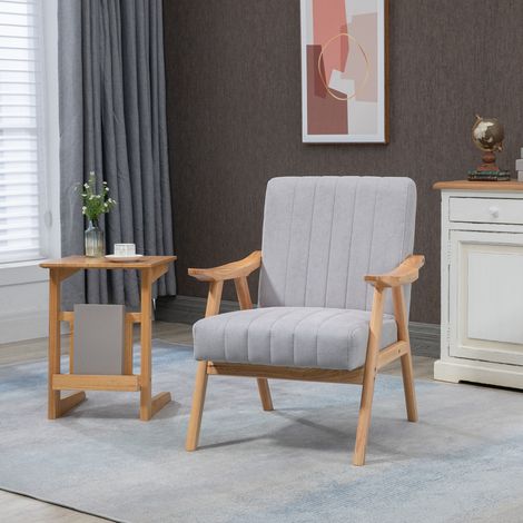 Poltrona dal design scandinavo, effetto velluto, in legno massello 68 cm x 74 cm x 82 cm, naturale + grigio (1/5)