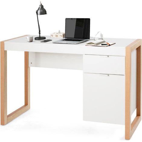 Bureau informatique moderne 112,5 x 50 x 75 cm structure robuste avec grand tiroir et caisson en mdf blanc