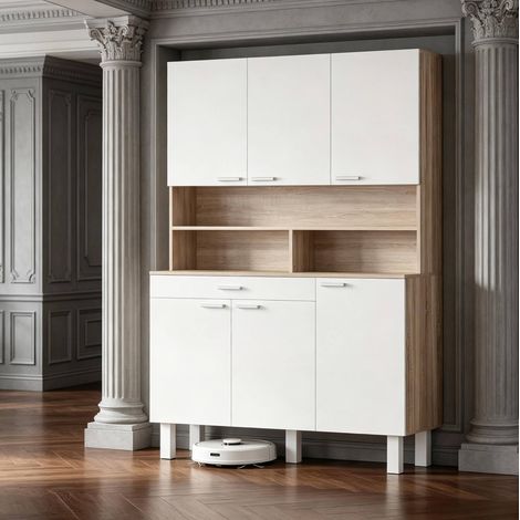 Mueble de cocina alto 120 x 40 x 175 cm, 6 puertas, 1 cajón, blanco y madera OKMYHOME (1/5)