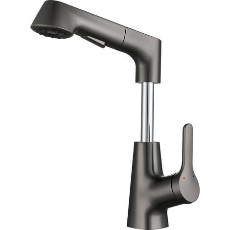Grifo de lavabo de baño con rociador retráctil, grifo de fregadero de doble modo frío y caliente, grifo de lavabo monohoyo, color gris bronce (1/5)
