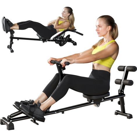 Rameur, appareil pour abdominaux, réglable sur 12 niveaux, appareil cardio 2 en 1, écran LCD, acier, plastique, noir (1/5)