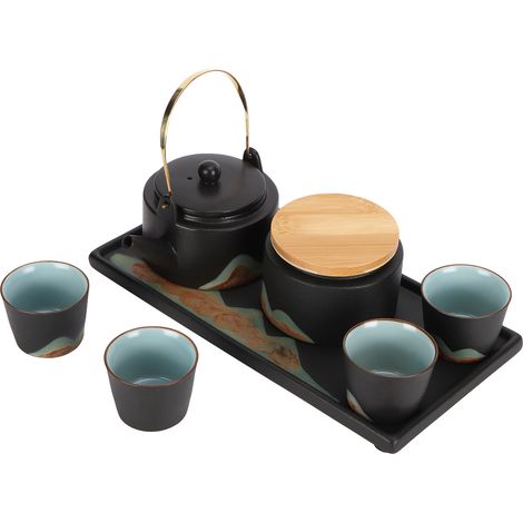 Service à thé Kung Fu de style japonais en céramique noire, comprenant une théière, un pot à thé, des tasses et un plateau pour la cérémonie du thé. (1/5)