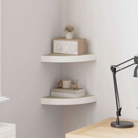 Lot de 2 Étagères d'angle murales Étagère de Rangement - Meuble de rangement Chêne et blanc 25x25x3,8 cm MDF BV609929 - BonneVie (1/5)