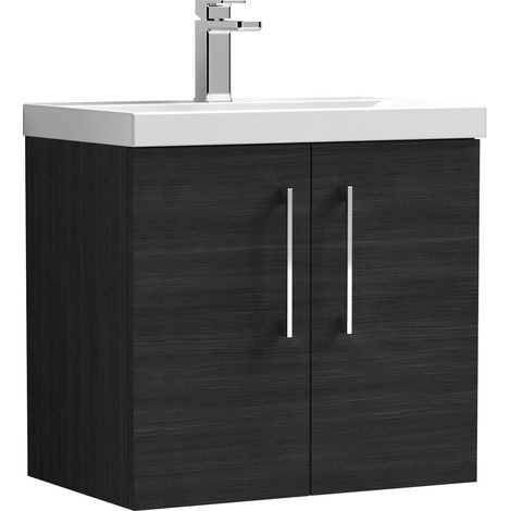Balterley  Modern Bathroom 2 Soft Close Door Wall Hung Vanity Unit & Thin-Edge Basin, Charcoal Black, 600mm