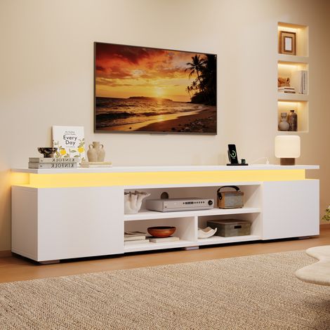 MODFU – Mueble TV LED RGB 180x35x42 cm de MDF con 2 armarios, 3 nichos y control por app y voz para salón – Blanco (1/5)
