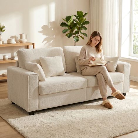 Canapé 3 places beige avec revêtement en velours Raindrop, assise profonde, coussins en plumes, larges accoudoirs et 4 coussins.