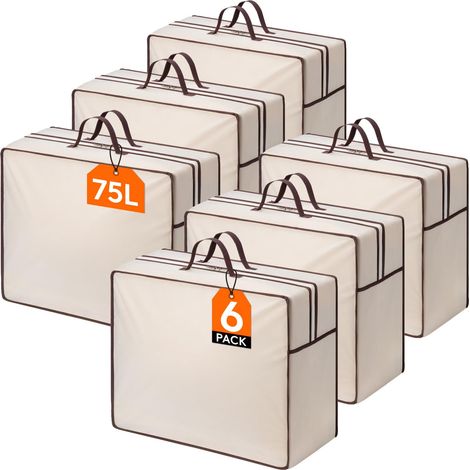 Sacs de rangement avec fermeture éclair pour couettes, housses de rangement pour vêtements, organisation sous lit, sacs de déménagement pour vêtements, couvertures et oreillers, 75 L, lot de 6