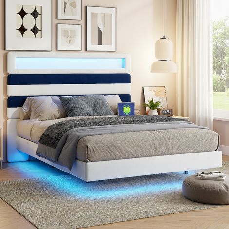 Lit 140x190 cm avec éclairage LED, Lit double capitonné avec 2 Ports USB, Cadre de LIt avec Sommier à Lattes, Lits 2 Personnes avec tête de lit, Beige (1/5)