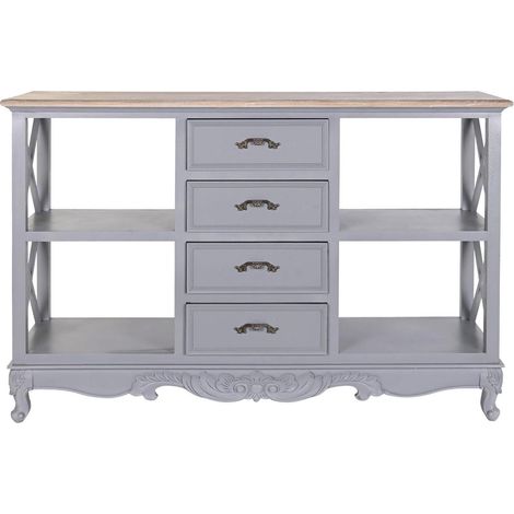 Buffet, meuble de rangement en bois de paulownia et MDF coloris Gris , naturel - Longueur 132 x Profondeur 40 x hauteur 84,5 cm -PEGANE- (1/5)