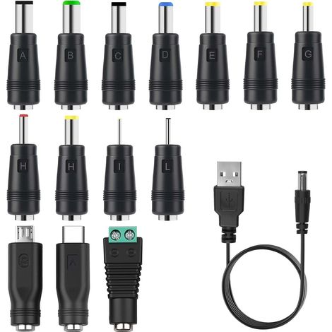 14-in-1 USB-A-auf-DC-Ladekabel, 5,5 x 2,1 mm rundes DC-Adapterkabel mit Micro-/Type-C-Anschlüssen für Ventilatoren, Router, Lampen, LED-Streifen, Rasierapparate, TV-Boxen, PCs und Universaldiffusoren,