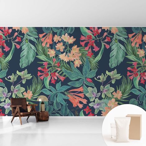 Papier peint avec colle pour décoration moderne de salon chambre à coucher cuisine et bureau Facile Fleurs tropicales 416x254 cm (1/5)
