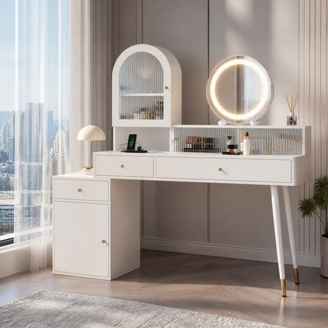 Tavolo da trucco bianco con specchio LED, USB/Type-C, 2 prese, L regolabile, OKWISH (1/5)