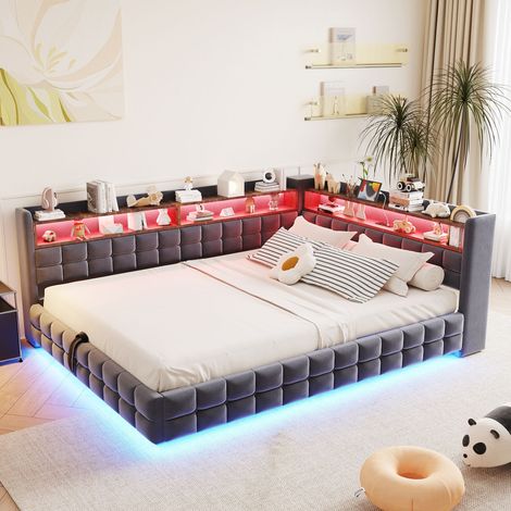 Cama/sofá cama multifuncional tapizada de 140 × 200 cm, con almacenamiento hidráulico, estante de madera, tira de luz LED, toma de corriente, puertos de carga USB y Tipo-C, somier de láminas y tapizad (1/5)